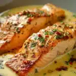 Close-up of baked creamy salmon with a golden crust and herbs on a white plate.