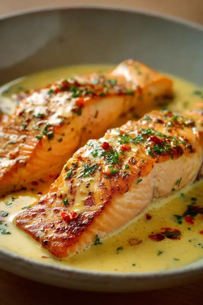 Close-up of baked creamy salmon with a golden crust and herbs on a white plate.