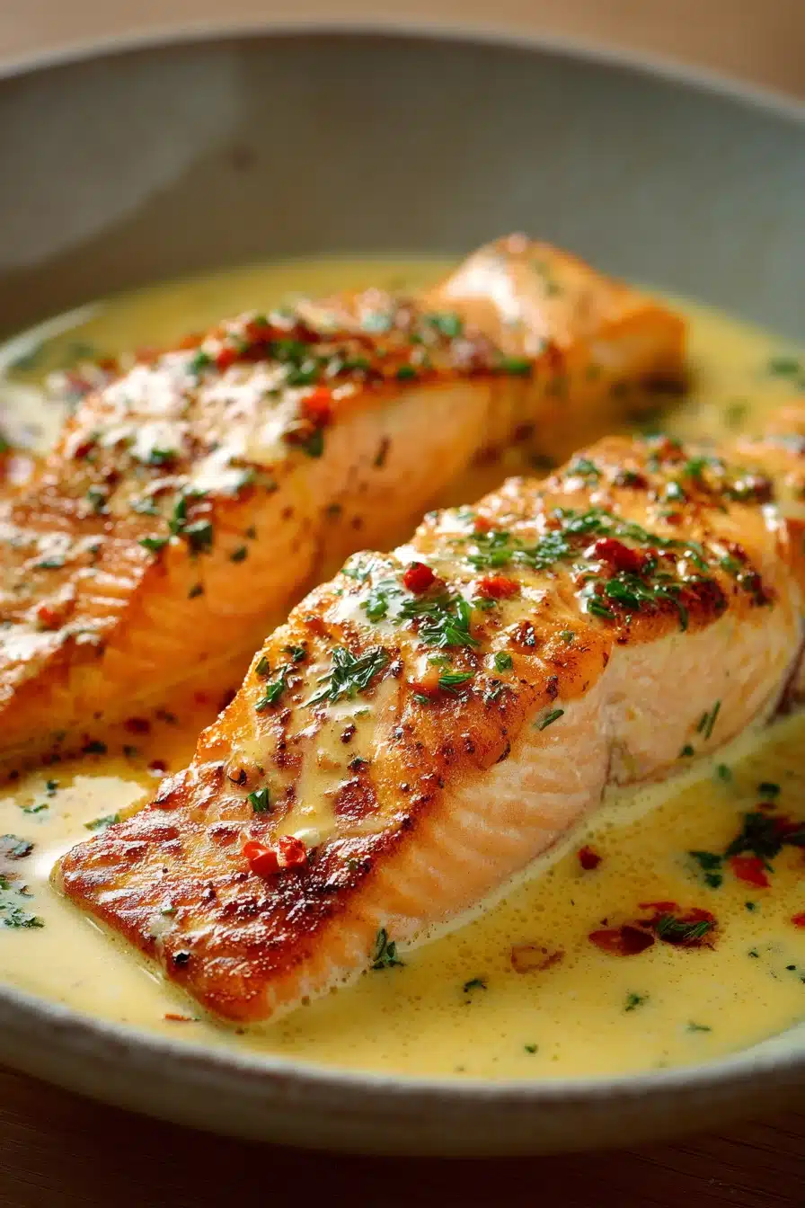 Close-up of baked creamy salmon with a golden crust and herbs on a white plate.