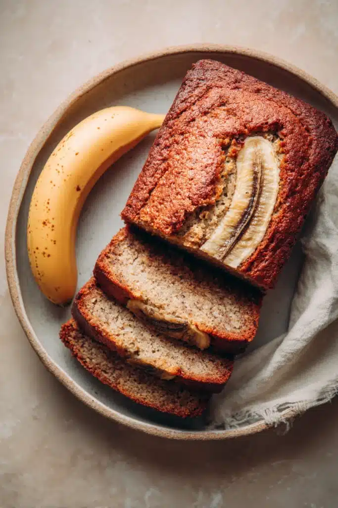 Close-up of low carb banana bread with a golden crust on a minimal background