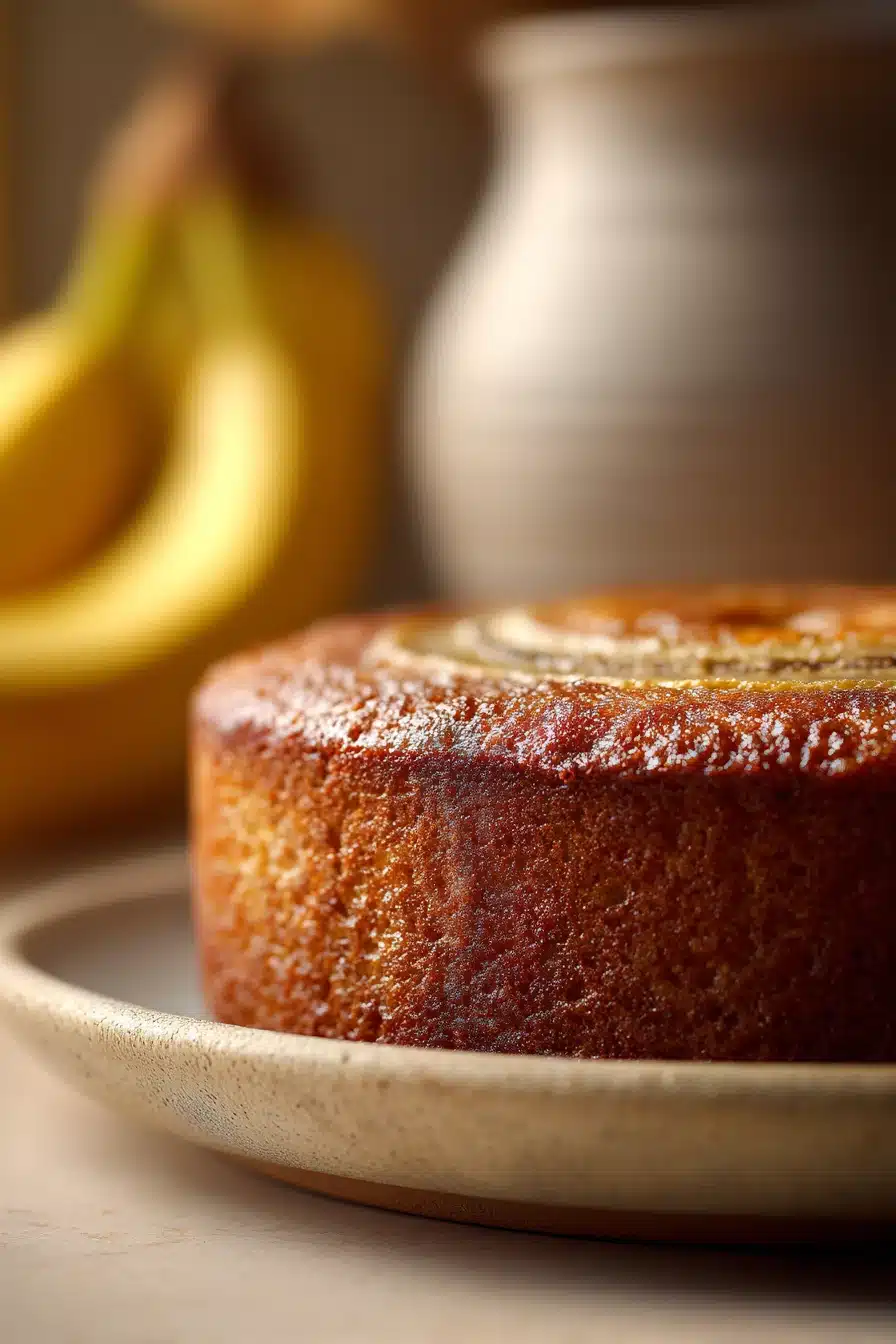 Close-up of a banana cake from Hebbars Kitchen with a clean background and bright lighting.
