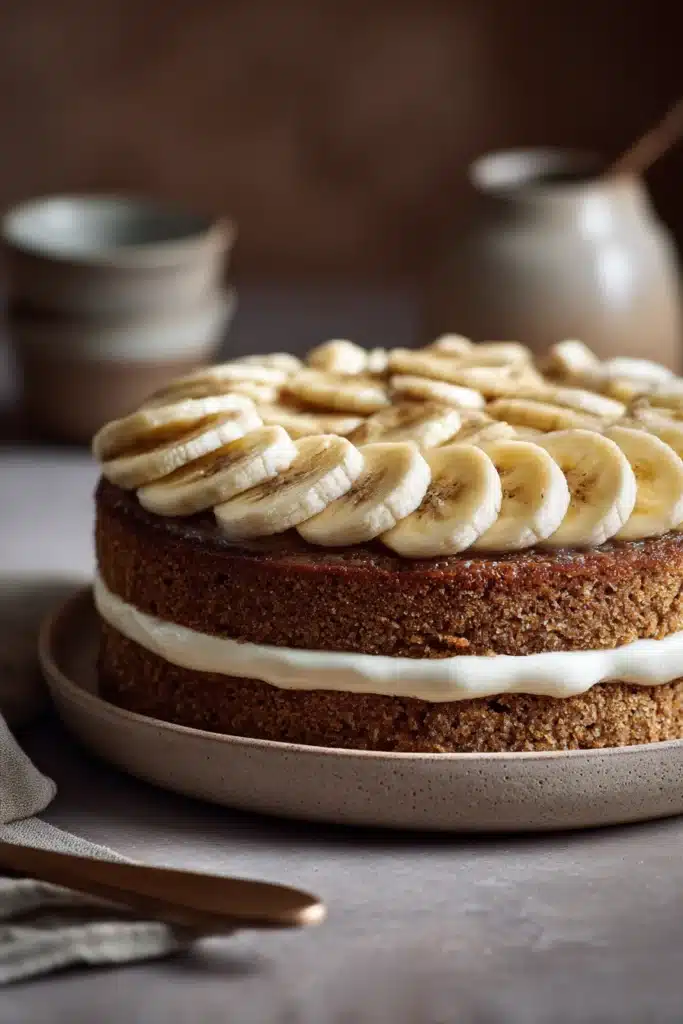 Close-up of a banana cake layered with creamy frosting on a clean background