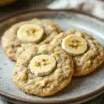 Close-up of banana cake mix cookies with a golden-brown texture on a clean white background.