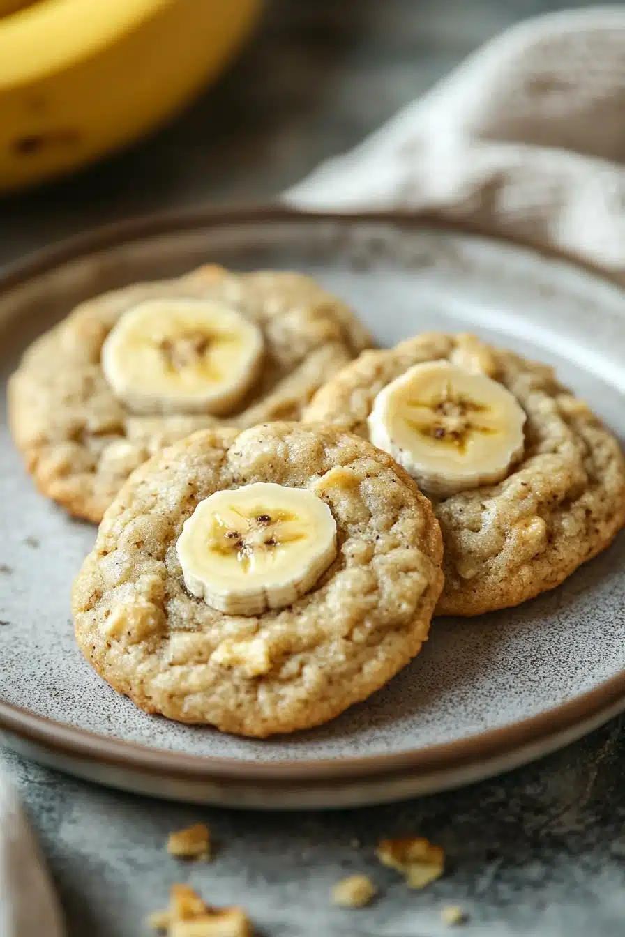 Close-up of banana cake mix cookies with a golden-brown texture on a clean white background.