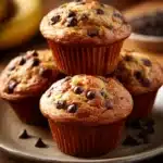 Close-up of banana chocolate chip muffins with a warm, inviting appearance.