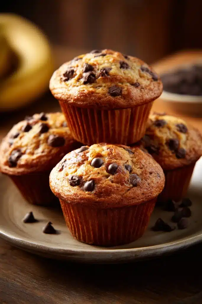 Close-up of banana chocolate chip muffins with a warm, inviting appearance.