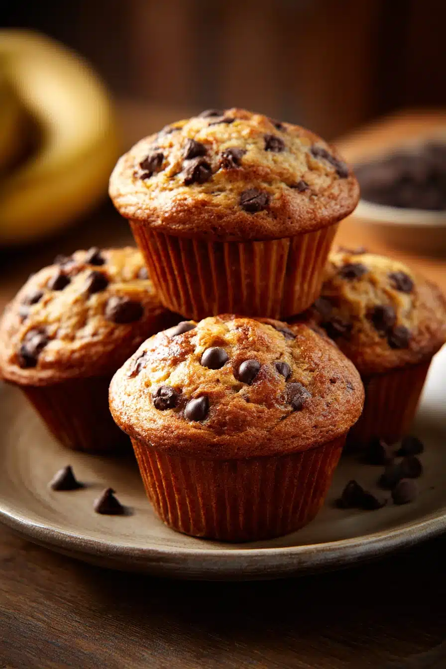 Close-up of banana chocolate chip muffins with a warm, inviting appearance.