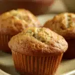 Close-up of freshly baked banana muffins on a clean surface, showcasing a simple recipe.