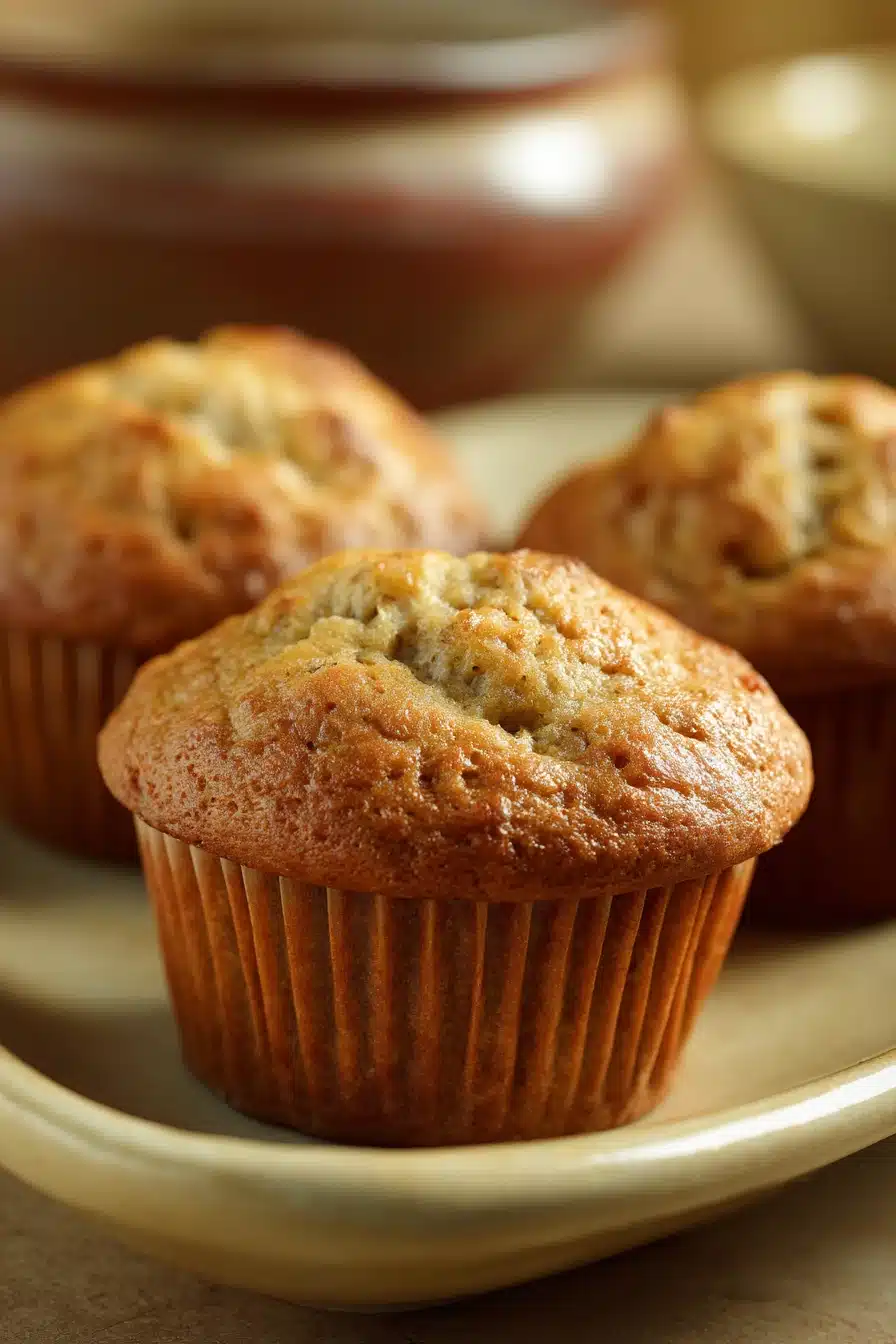 Close-up of freshly baked banana muffins on a clean surface, showcasing a simple recipe.
