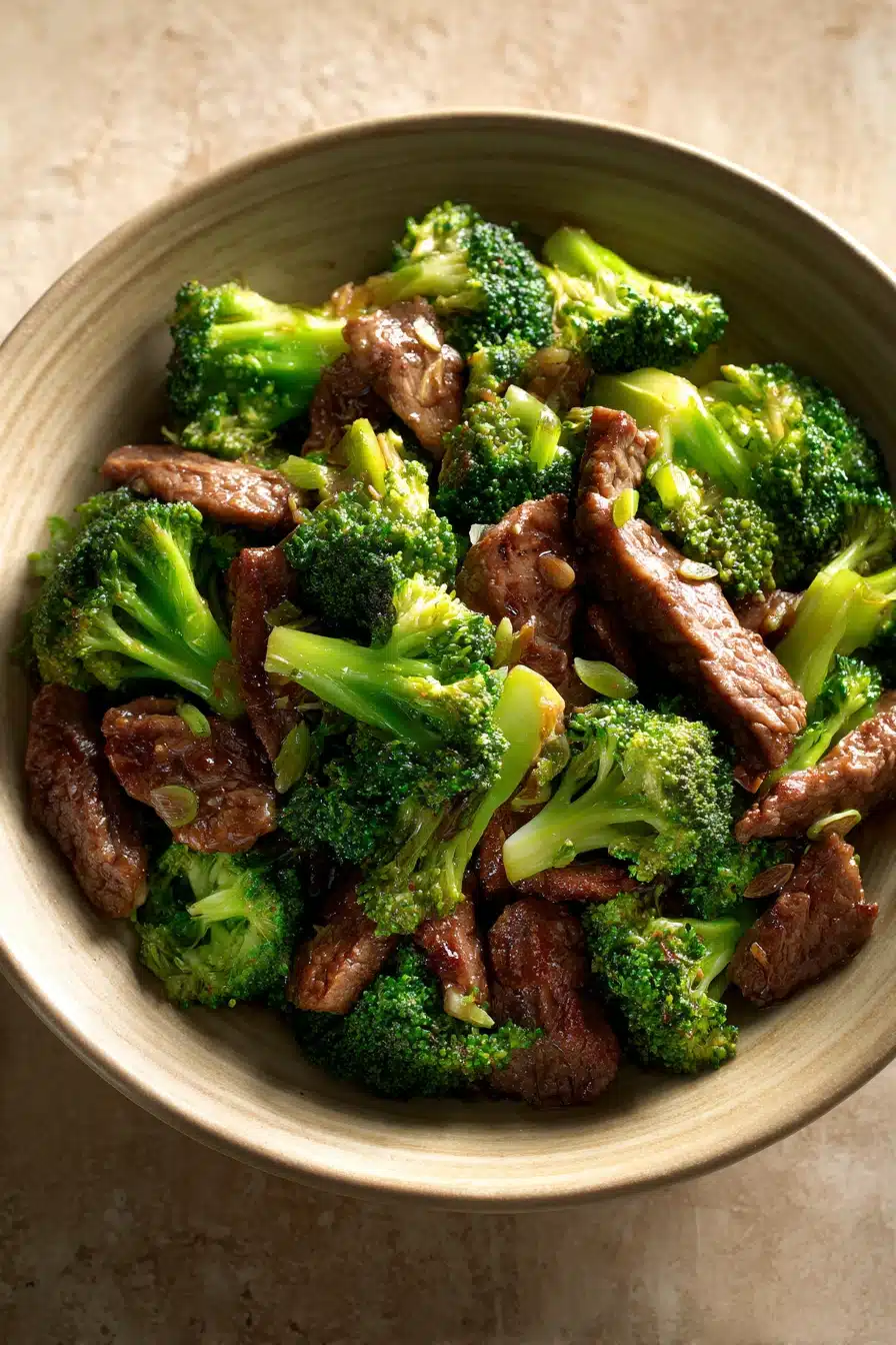 Close-up of beef and broccoli stir-fry with vibrant colors and a clean background.