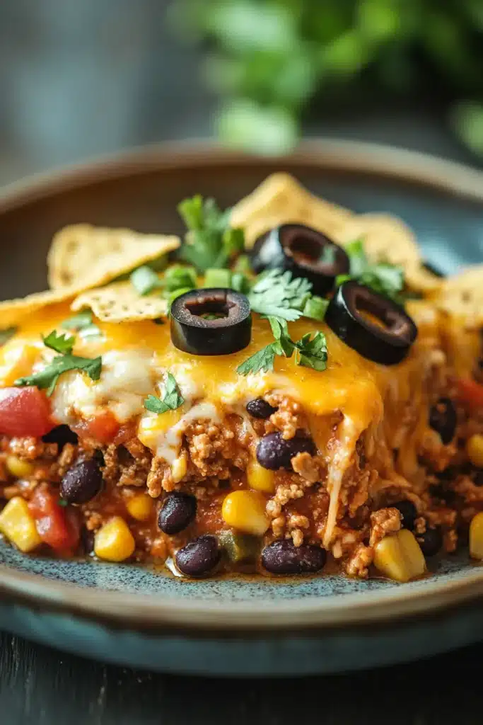Close-up of beef casserole with ground beef and loaded taco elements in bright lighting