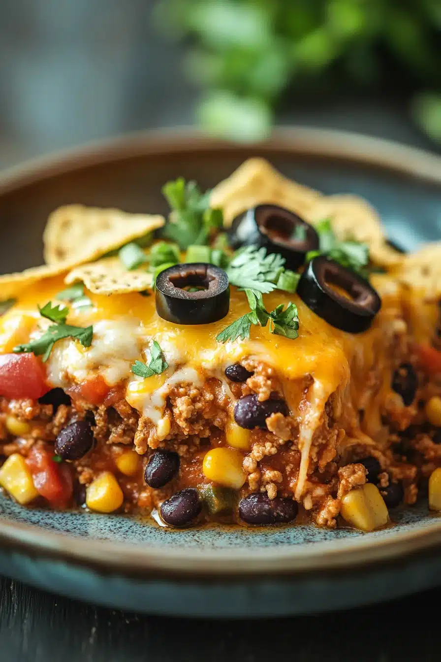 Close-up of beef casserole with ground beef and loaded taco elements in bright lighting