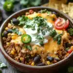 Close-up of a beef casserole with ground beef and loaded taco toppings, featuring melted cheese and fresh herbs.