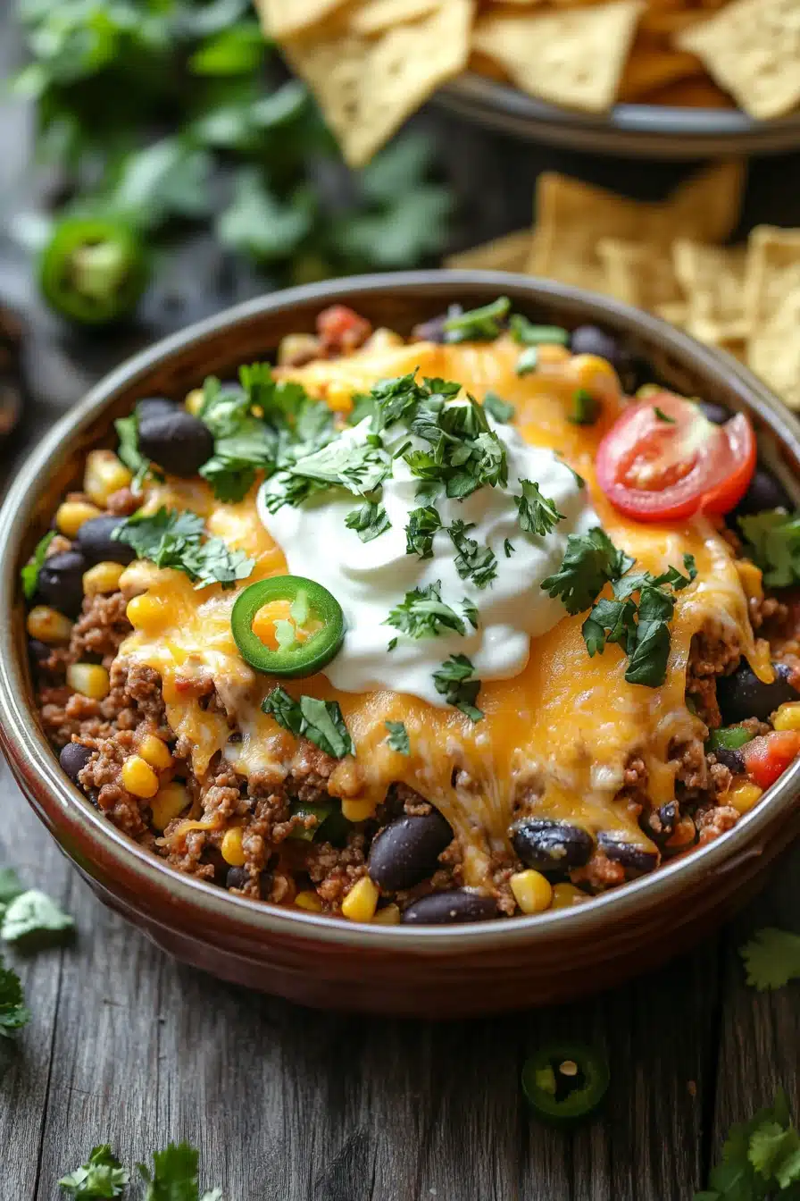 Close-up of a beef casserole with ground beef and loaded taco toppings, featuring melted cheese and fresh herbs.