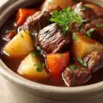 Close-up of beef stew in a crock pot with vegetables and herbs
