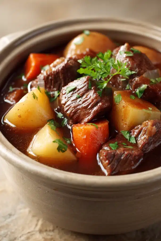 Close-up of beef stew in a crock pot with vegetables and herbs