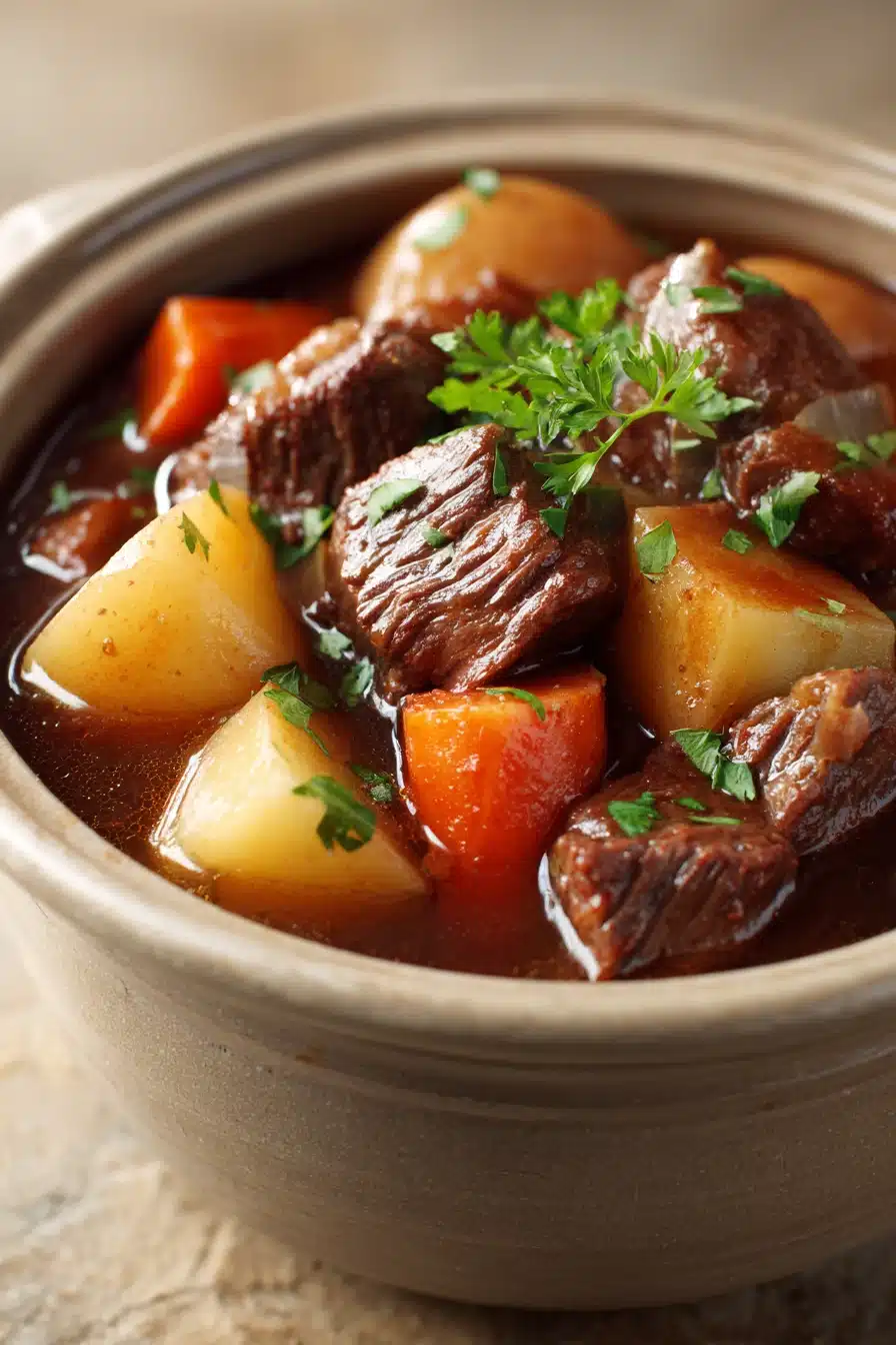Close-up of beef stew in a crock pot with vegetables and herbs