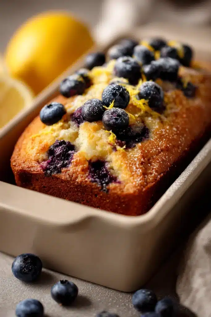 Close-up of a blueberry lemon muffin loaf with a golden crust and visible blueberries.