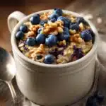 Close-up of blueberry muffin oatmeal with fresh blueberries and oats in a bowl.
