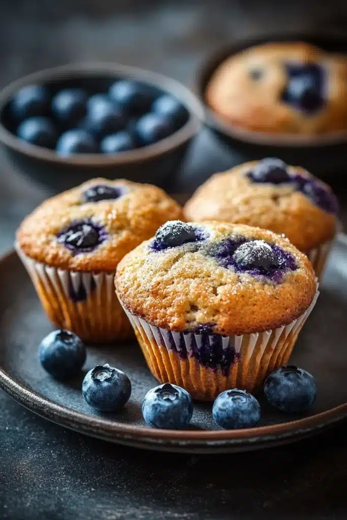 Close-up of blueberry muffin with frozen blueberries, showcasing appetizing textures and bright lighting.