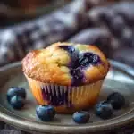 Close-up of a blueberry muffin with frozen blueberries on a clean background.