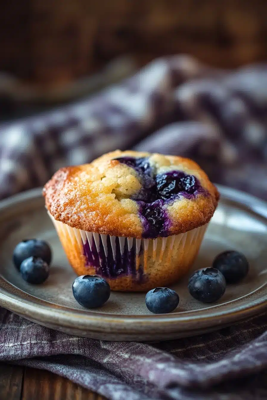 Close-up of a blueberry muffin with frozen blueberries on a clean background.