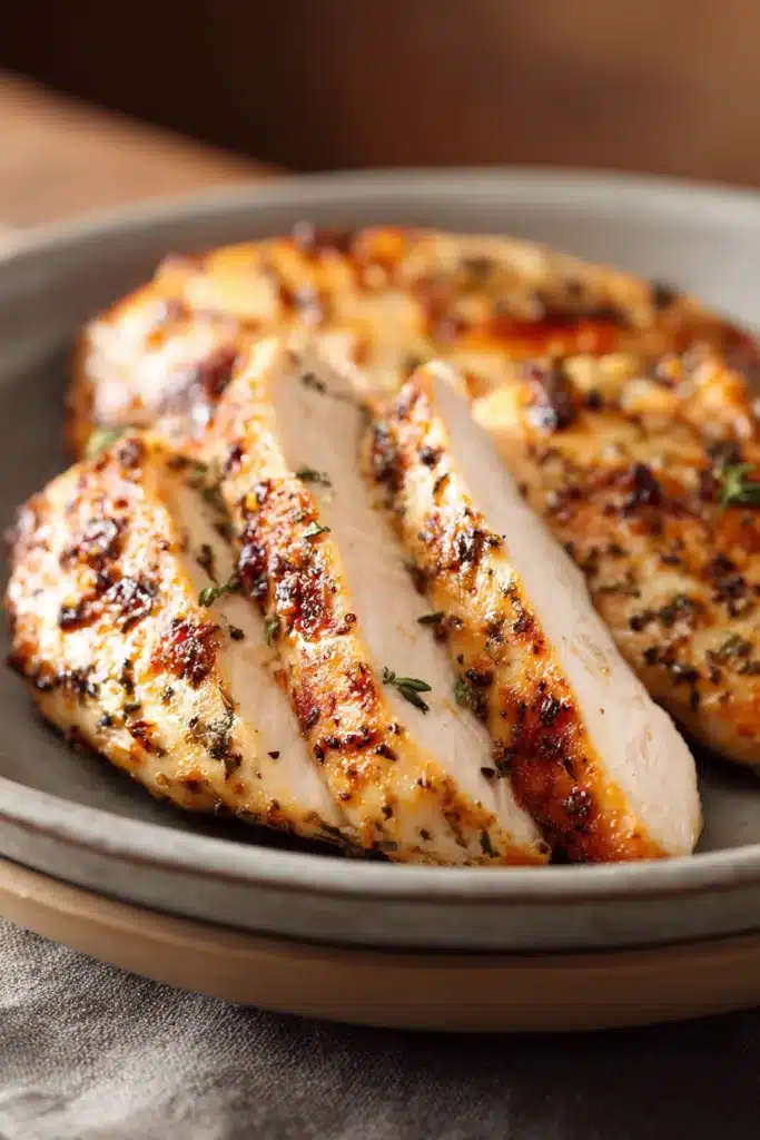 Close-up of a boneless chicken breast cooked in an air fryer with a golden brown finish.