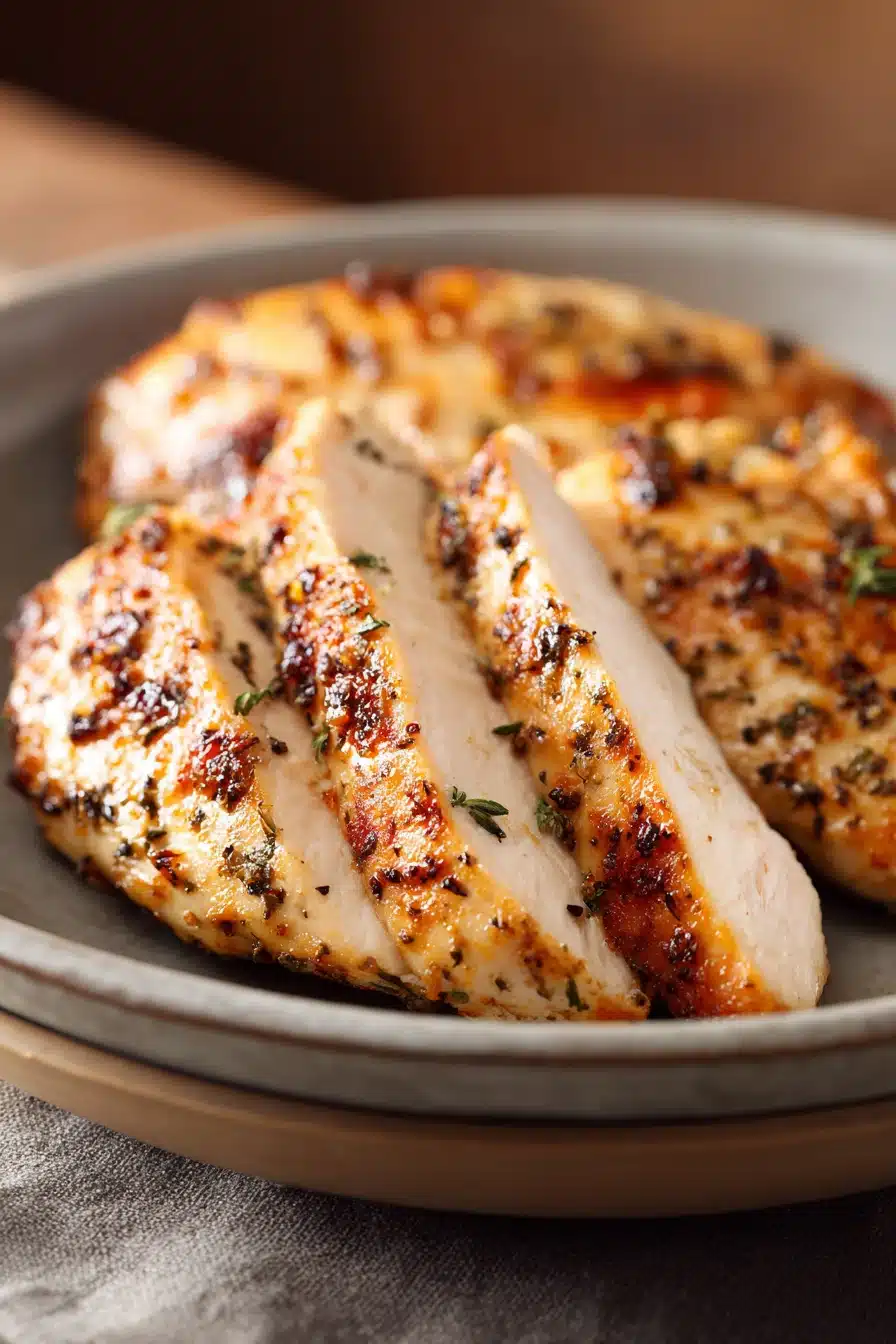Close-up of a boneless chicken breast cooked in an air fryer with a golden brown finish.