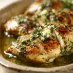 Close-up of Boursin Chicken with Garlic and Herbs in a creamy sauce with fresh herbs