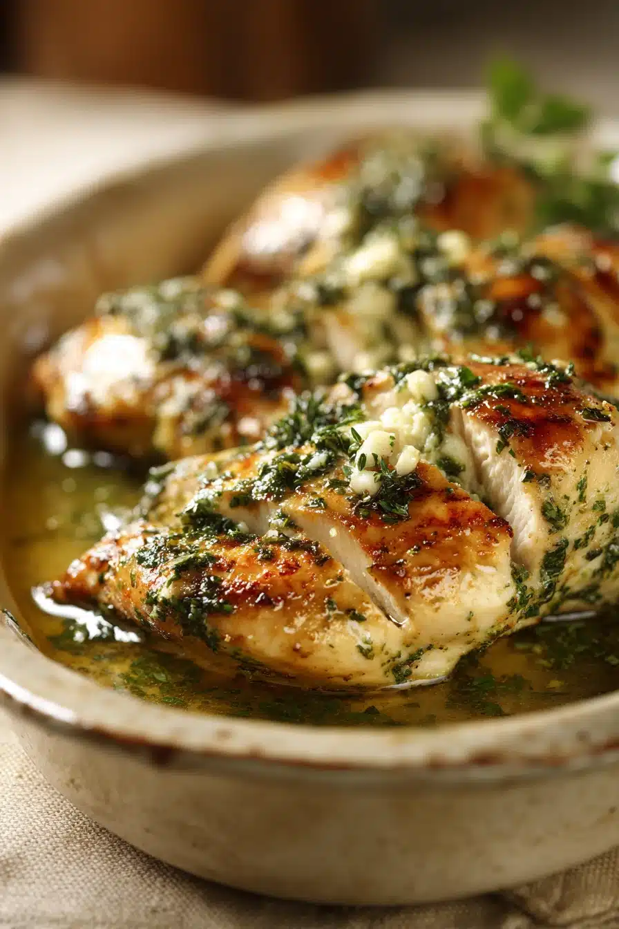 Close-up of Boursin Chicken with Garlic and Herbs in a creamy sauce with fresh herbs