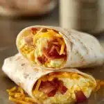 Close-up of breakfast crunchwraps with eggs on a clean background
