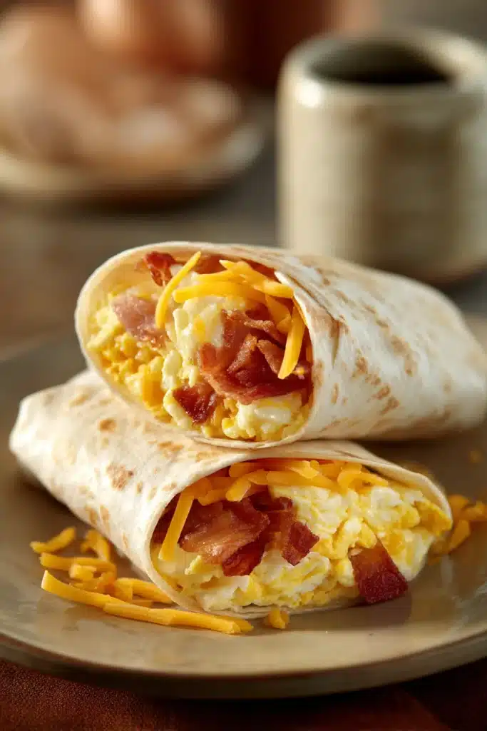 Close-up of breakfast crunchwraps with eggs on a clean background