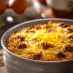 Close-up of breakfast sausage and egg casserole with melted cheese and herbs.