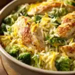 Close-up of Broccoli Cheddar Chicken Orzo with creamy sauce and herbs