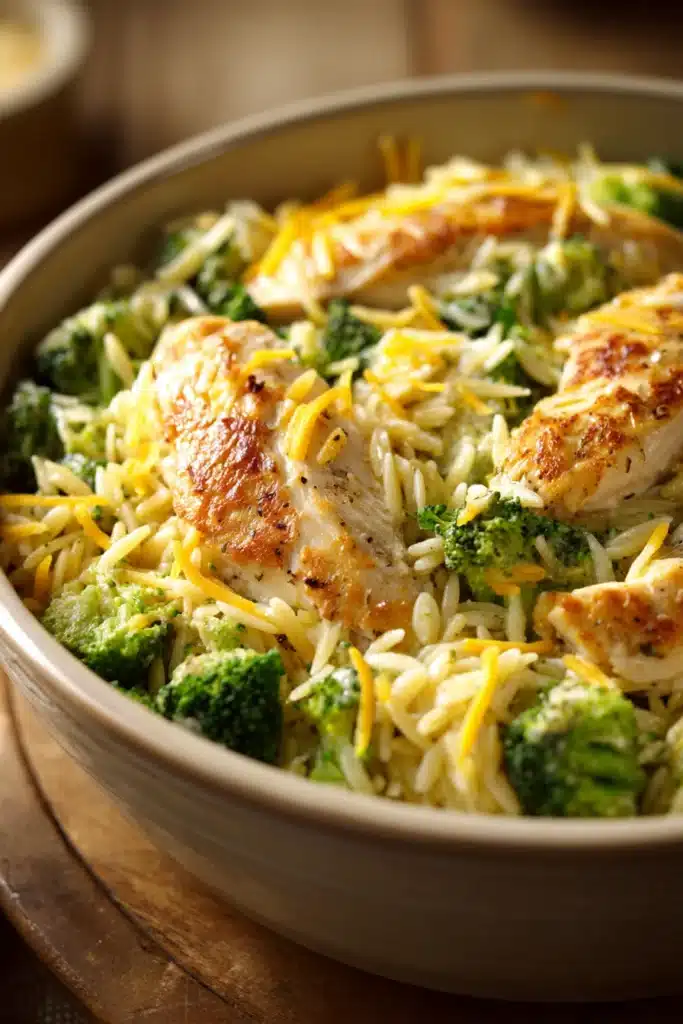 Close-up of Broccoli Cheddar Chicken Orzo with creamy sauce and herbs