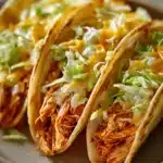 Close-up of Buffalo Chicken Tacos with creamy sauce and fresh toppings on a clean plate.