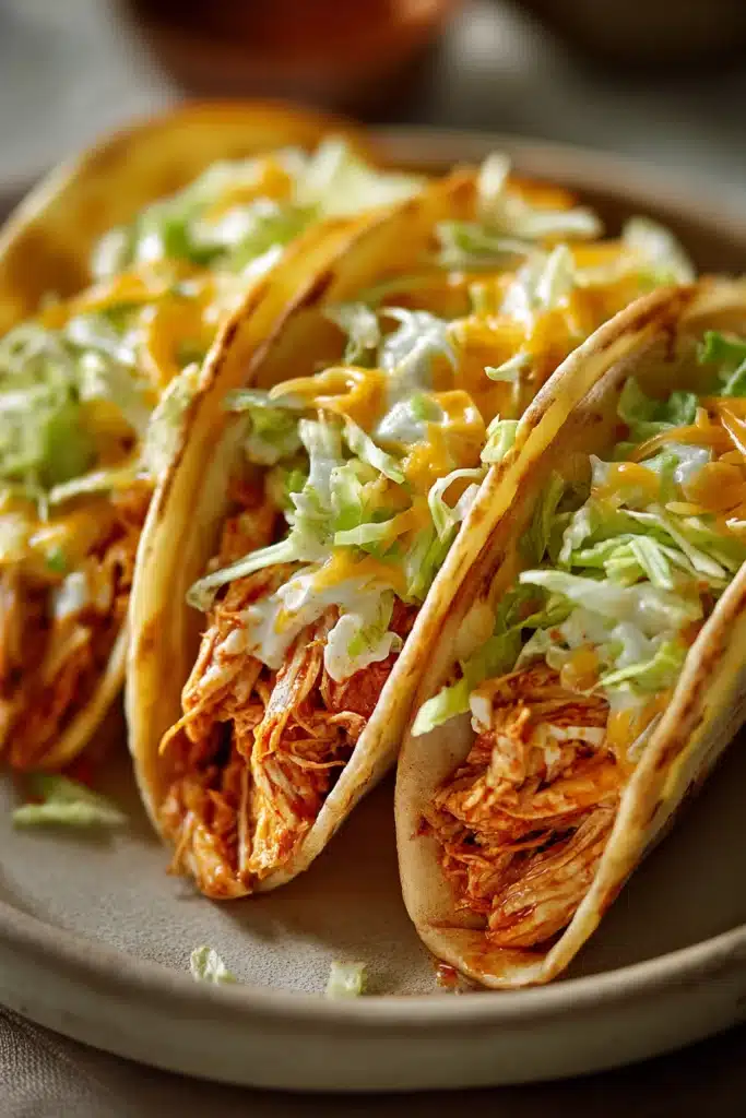 Close-up of Buffalo Chicken Tacos with creamy sauce and fresh toppings on a clean plate.