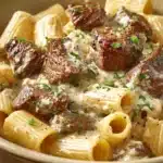 Close-up of Cajun steak tips in cheesy rigatoni parmesan sauce with warm lighting.