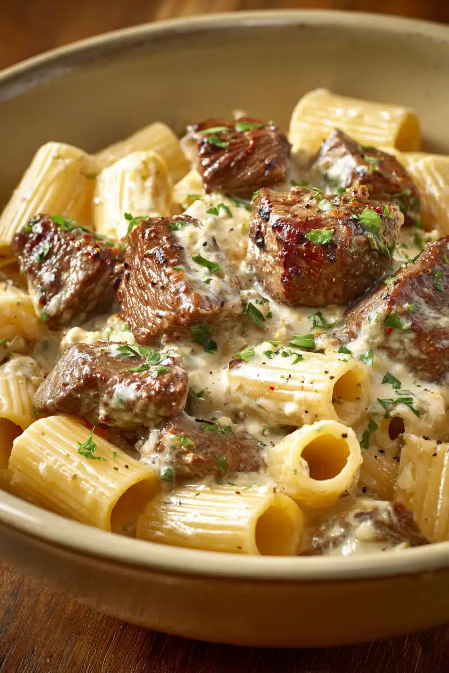 Close-up of Cajun steak tips in cheesy rigatoni parmesan sauce with warm lighting.