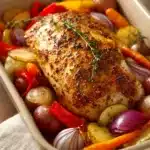 Cajun Style Baked Turkey Breast with Vegetables in a bright, appetizing close-up