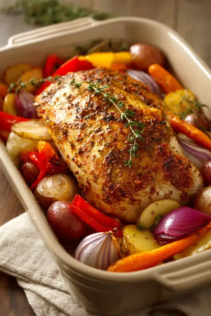 Cajun Style Baked Turkey Breast with Vegetables in a bright, appetizing close-up