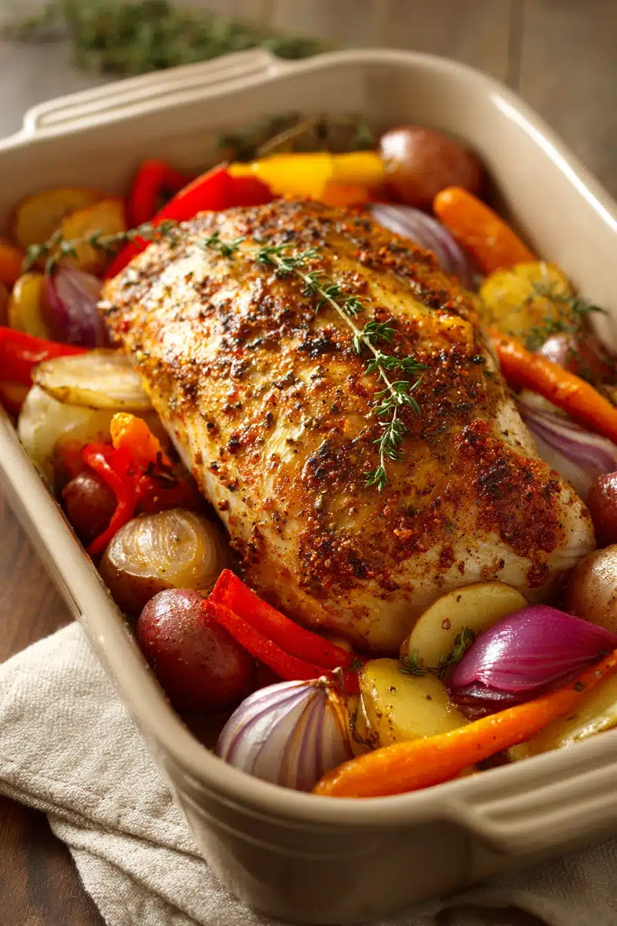 Cajun Style Baked Turkey Breast with Vegetables in a bright, appetizing close-up