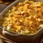 Close-up of a cheesy cabbage casserole with a golden cracker topping, filling the frame.