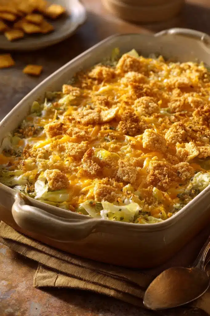 Close-up of a cheesy cabbage casserole with a golden cracker topping, filling the frame.