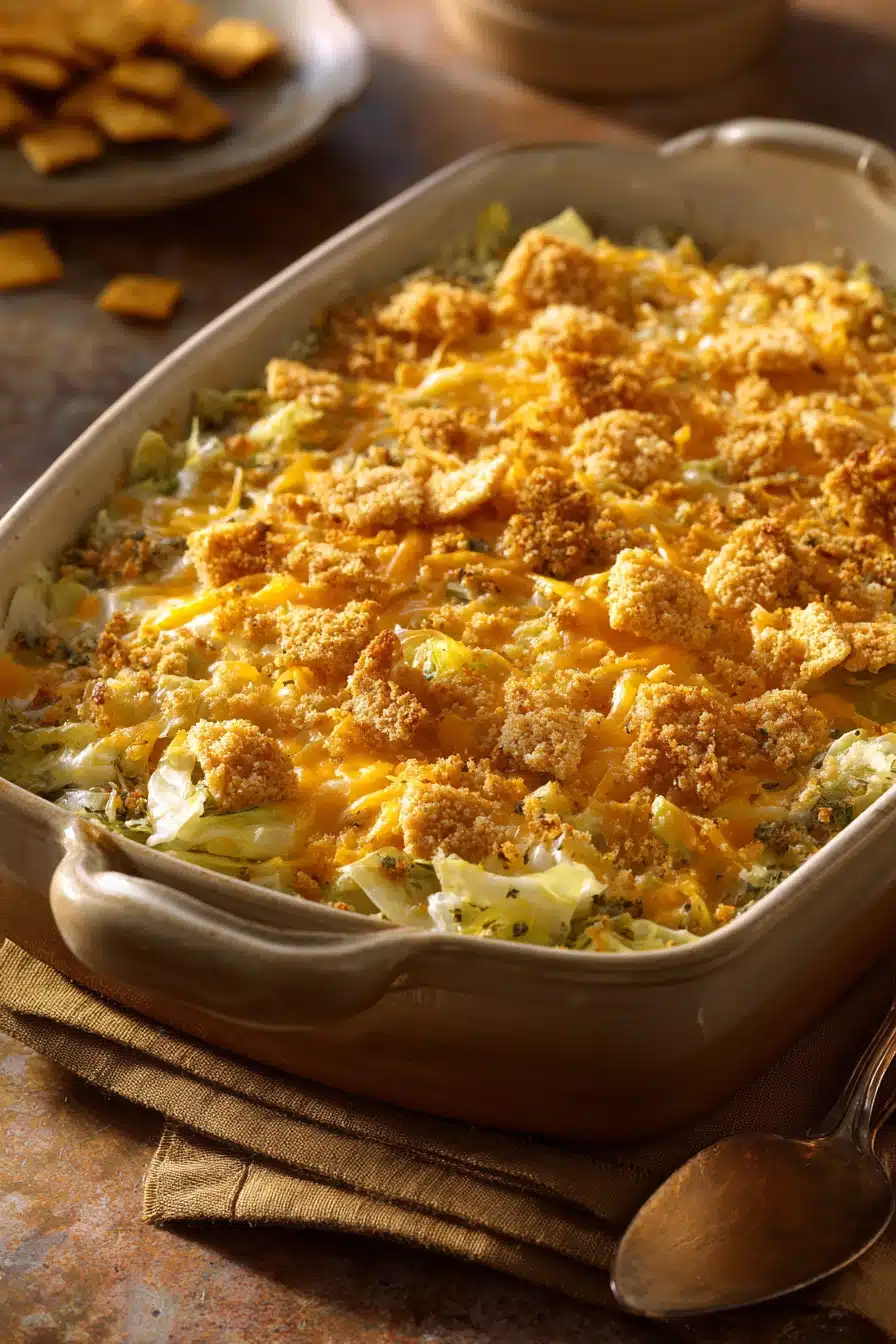 Close-up of a cheesy cabbage casserole with a golden cracker topping, filling the frame.