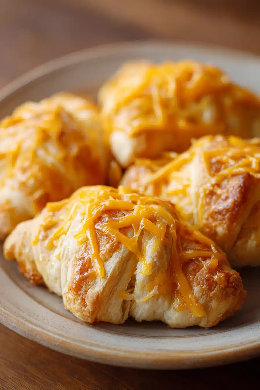 Close-up of cheesy chicken crescent rolls with golden brown crust and melted cheese.