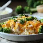 Close-up of cheesy chicken rice broccoli casserole with melted cheese on top
