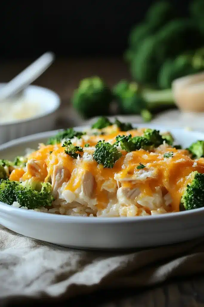 Close-up of cheesy chicken rice broccoli casserole with melted cheese on top
