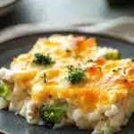 Close-up of cheesy chicken rice broccoli casserole with melted cheese and broccoli florets.