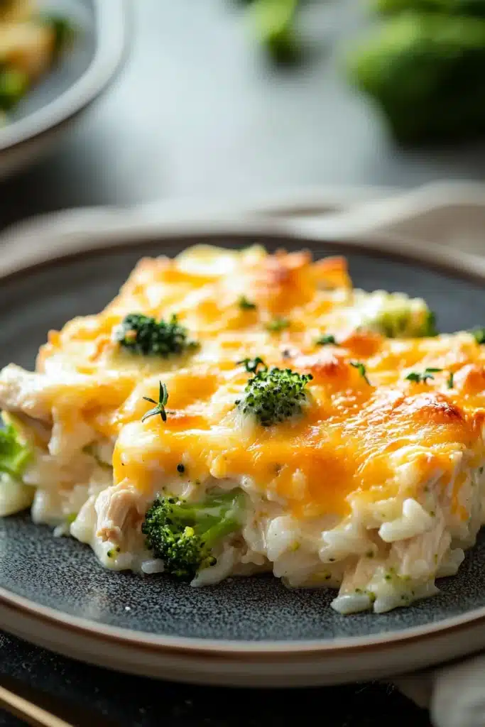 Close-up of cheesy chicken rice broccoli casserole with melted cheese and broccoli florets.